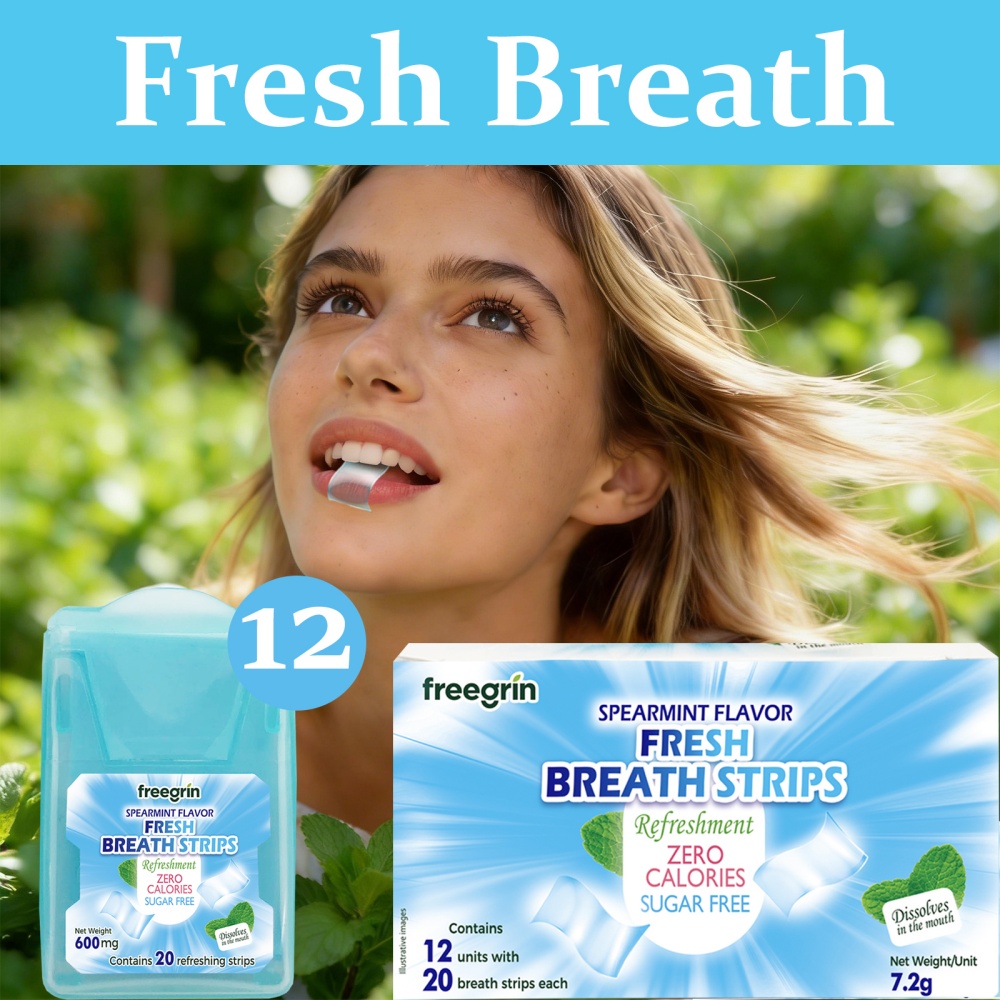 Teeth Whitening Strips Permanent - FREEGRIN Spearmint Flavored Fresh Breath Strips