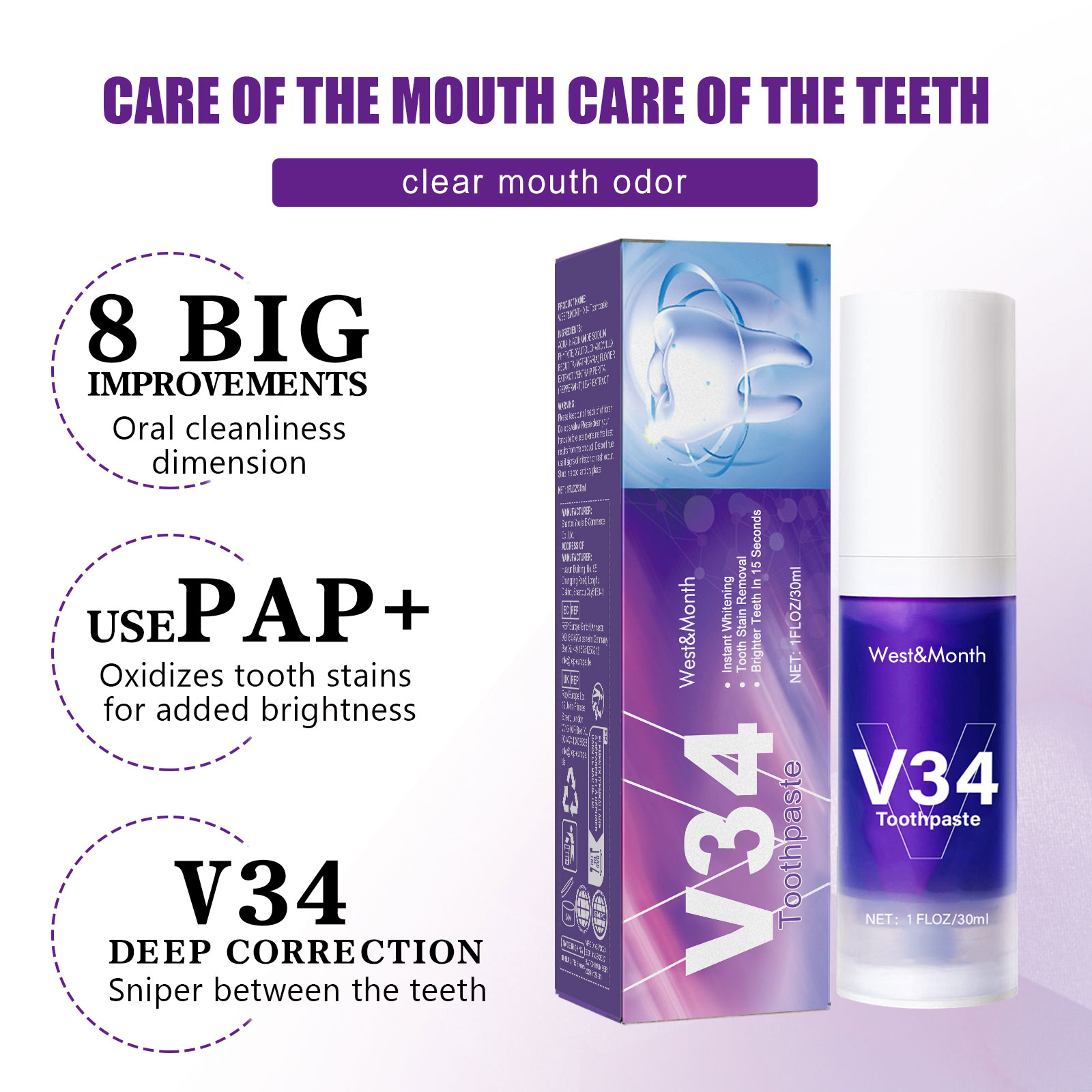 V34 Purple Toothpaste Cleaning - Teeth Whitening Crest recension och pris